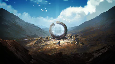 A traveler stands before a glowing circular portal nestled in a mountainous fantasy landscape under a bright blue sky, rendered in stunning 8K Ultra HD detail.