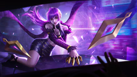 Evelynn (League of Legends) in purple neon, crouching with clawed hand and glowing shards — 4K Ultra HD PC desktop wallpaper/background from the League of Legends video game.