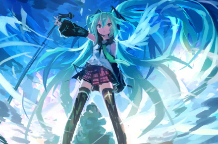 Hatsune Miku (Vocaloid) anime character with flowing teal twin-tails and pleated skirt, striking a dynamic pose amid swirling blue energy — vivid 4K Ultra HD PC desktop wallpaper/background.