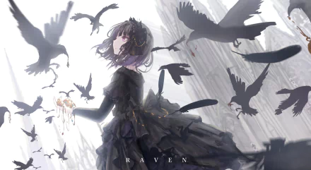 Anime original HD PC desktop wallpaper/background: a woman in a flowing black dress stands amid circling ravens, wind-tossed hair and dark feathers against a misty, monochrome cityscape.