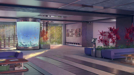 Anime-style room featuring a large cylindrical aquarium with fish, vibrant plants, sunlight streaming through windows, creating a serene and modern indoor space.