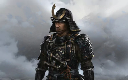 HD PC desktop wallpaper featuring Jin Sakai from the video game Ghost of Tsushima, dressed in detailed samurai armor against a cloudy sky backdrop.