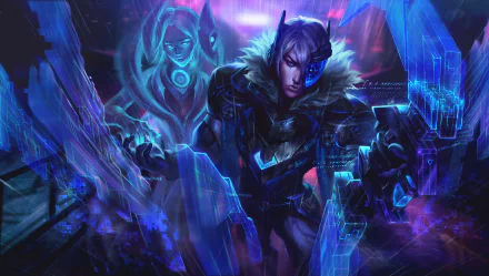 Aphelios (League of Legends) from the video game, bathed in blue-purple light, wielding crystalline weapons beside a spectral companion — HD PC desktop wallpaper.