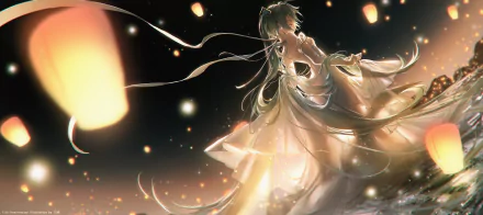 Hatsune Miku, anime Vocaloid, in a flowing white dress with long teal twin-tails amid glowing lanterns and warm sparkles — HD PC desktop wallpaper/background.