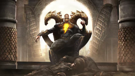 HD PC desktop wallpaper featuring Dwayne Johnson as Black Adam from the DC Comics movie, seated on a throne with glowing lightning on his chest and a fallen figure below.