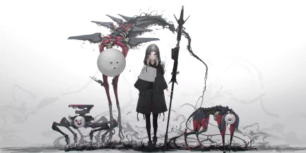 4K Ultra HD anime original wallpaper featuring a dark, futuristic scene with a central figure holding a staff, flanked by two robotic creatures, set against a minimalistic background.