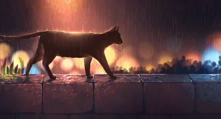 Anime-style HD wallpaper depicting a silhouetted cat walking on a stone path in the rain at night, with warm streetlights illuminating the scene in the background.