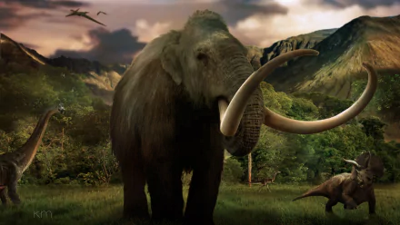 HD PC desktop wallpaper background: a fantasy animal scene of a shaggy mammoth with sweeping tusks standing in a lush prehistoric valley while dinosaurs soar and graze.