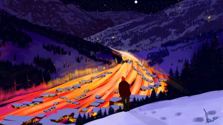 Artistic mountain HD PC desktop wallpaper/background: lone figure on a snowy ridge watches a glowing, lava-like river of lights winding through a starry valley.
