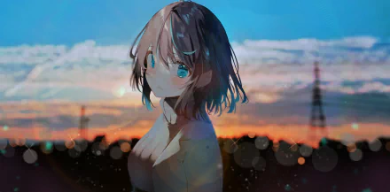 Anime original illustration: a pensive girl with teal eyes and windswept hair against a sunset cityscape and bokeh lights — 2K Quad HD PC desktop wallpaper/background.