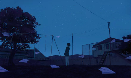 Anime-style HD desktop wallpaper depicting a quiet town park at night, with paper planes floating and a solitary figure under a starry sky.