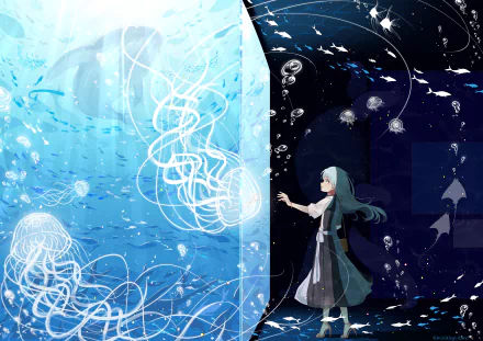 Anime-style original 4K Ultra HD desktop wallpaper depicting a girl reaching between contrasting light and dark underwater scenes filled with jellyfish and fish.