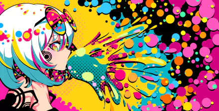 Colorful original anime HD PC desktop wallpaper featuring a stylized girl blowing neon paint splashes across a multicolored polka-dot background.