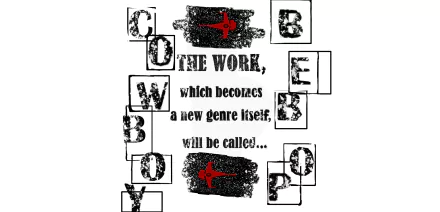 Cowboy Bebop anime 2K Quad HD PC wallpaper: black stamped blocks reading COWBOY BEBOP, red ship icons and the quote The work, which becomes a new genre itself, will be called... on white background