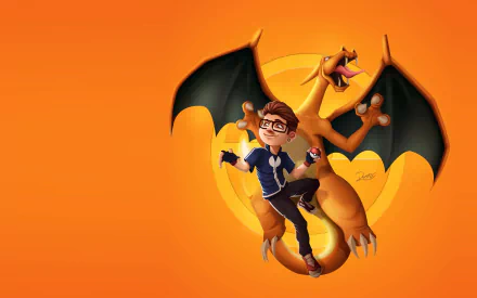 HD PC desktop wallpaper: anime-style Pokémon trainer with Charizard bursting from a glowing Poké Ball against an orange background.