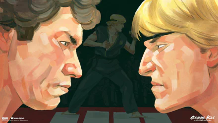 Stylized HD PC desktop wallpaper of TV show Cobra Kai: an intense painted face-off between two rival fighters in profile with a shadowy dojo background.
