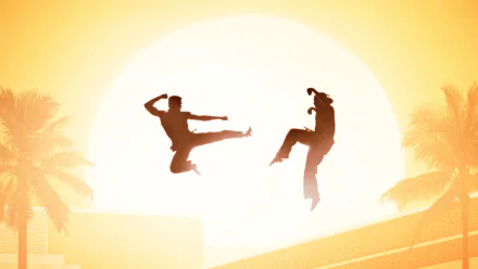 HD PC desktop wallpaper: silhouetted Cobra Kai TV show karate fighters mid-air against a giant sun and palm trees, warm orange-yellow background.