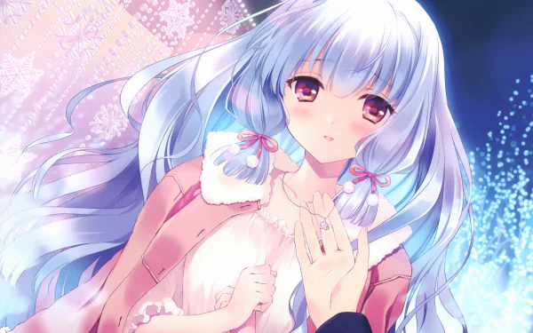 HD anime wallpaper of Murakumo from Kantai Collection, featuring long blue hair, pink eyes, and a soft blush, set against a glowing, ethereal background.