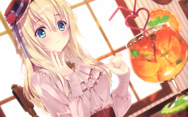 Anime-style HD wallpaper featuring Warspite from Kantai Collection with aqua eyes and blonde hair, sitting near a vibrant cocktail inside a warmly lit room.