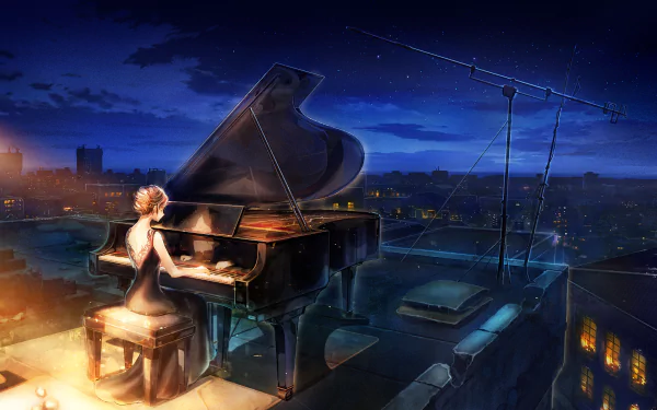 starry sky night piano pianist Anime music anime night HD Desktop Wallpaper | Background Image