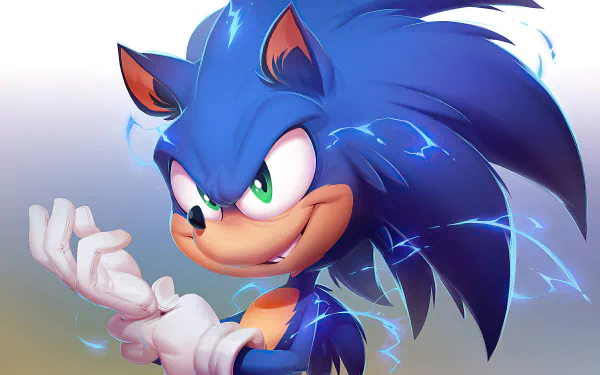Sonic the Hedgehog with glowing green eyes and electric blue streaks, featured in a vibrant 4K Ultra HD movie-themed PC desktop wallpaper.
