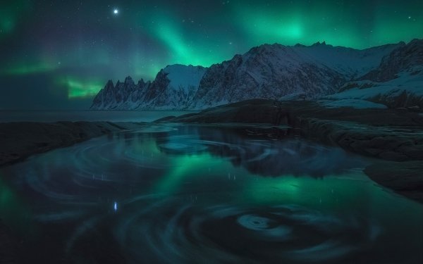 Nature Aurora Borealis Mountain Night Light Reflection HD Wallpaper | Background Image