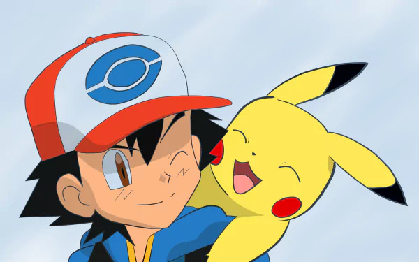 Anime-style 4K Ultra HD wallpaper featuring Ash Ketchum smiling with Pikachu against a soft blue background, inspired by the Pokemon series.