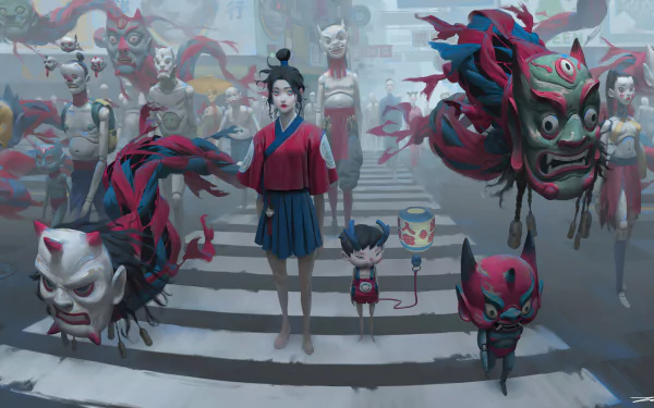 Fantasy people: a girl in red-blue and a small masked child lead a surreal parade of floating ornate masks and figures on stone steps — 4K Ultra HD PC Desktop Wallpaper and Background