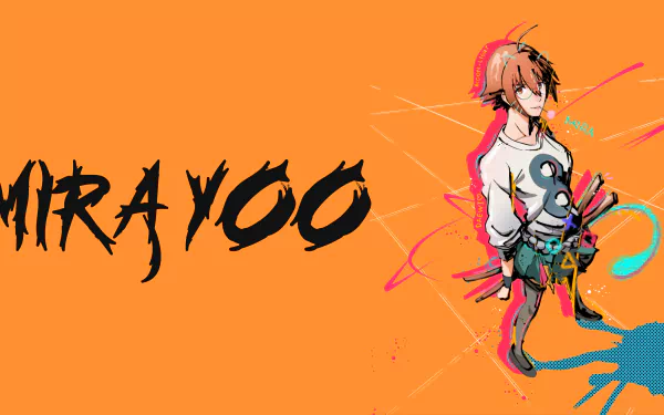 Yu Mira from The God of High School anime on an orange 5K Ultra HD PC desktop wallpaper, stylized character with colorful brushstrokes and bold MIRAYOO text