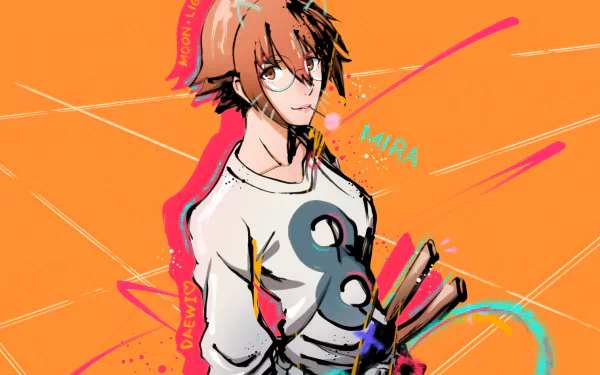 Yu Mira from The God of High School in a 5K Ultra HD PC desktop wallpaper and background: stylized anime portrait on an orange backdrop with dynamic brushstroke accents.