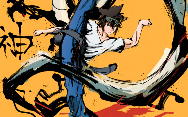 HD desktop wallpaper featuring Jin Mori from the anime The God of High School in a dynamic pose against a vibrant yellow background, with stylized black and white brush strokes.