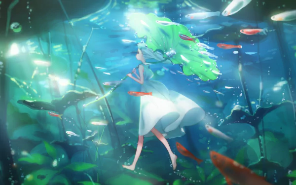A serene anime scene of a girl swimming gracefully underwater, surrounded by colorful fish and vibrant aquatic plants. HD wallpaper and background showcasing an enchanting underwater world.