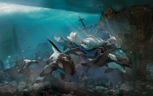 Underwater HD PC desktop wallpaper: Skadi (Arknights) swims with two orcas through sunlit wreckage and ruins, a cinematic scene from the video game Arknights.