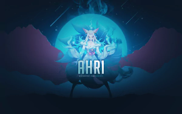 4K Ultra HD desktop wallpaper featuring Ahri from League of Legends, set against a mystical blue background with glowing effects and the game title.