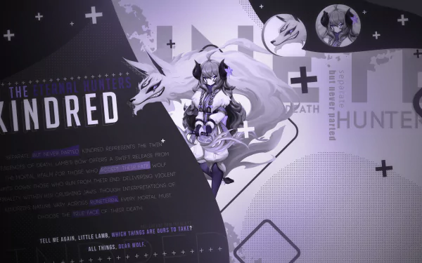 4K Ultra HD desktop wallpaper featuring Kindred from League of Legends, showcasing the character in a dynamic video game-themed design.