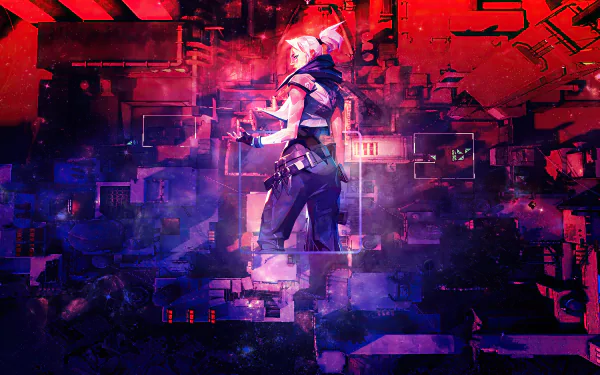 4K Ultra HD PC desktop wallpaper featuring Jett from the video game Valorant, set against a vibrant, futuristic, and abstract digital background.