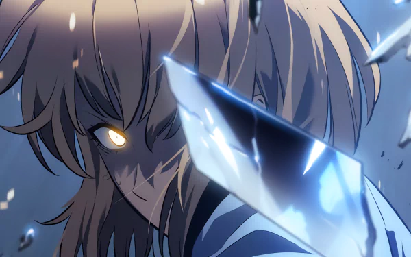 HD desktop wallpaper featuring Cha Hae-in from the anime Solo Leveling, displaying an intense expression with glowing eyes and a sharp, shattered blade in focus.