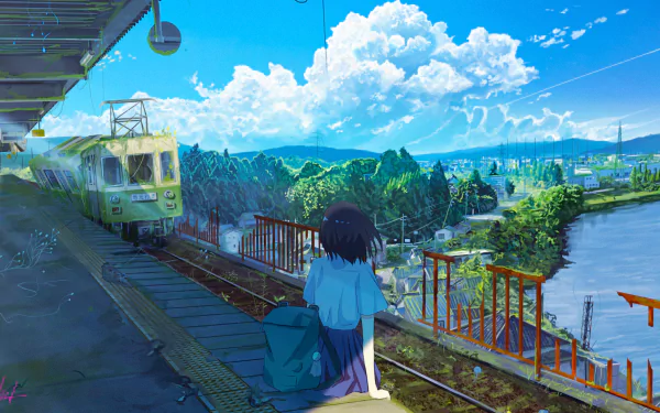 Anime-inspired HD wallpaper featuring a serene train station by a lake with lush green surroundings. A train approaches the platform as a character stands with their back turned.