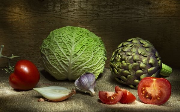 Food Vegetables Onion Still Life Tomato Cabbage Garlic Artichoke HD Wallpaper | Background Image