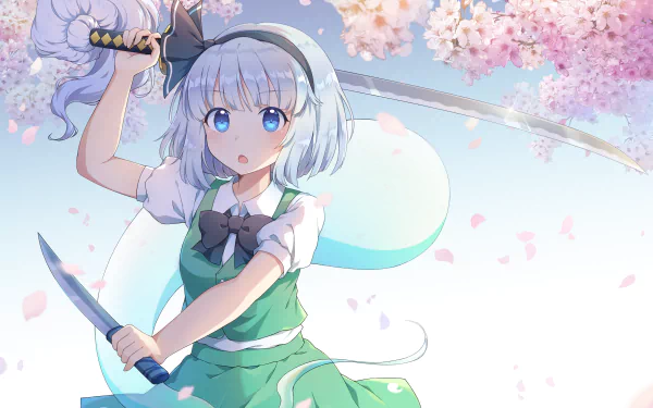 Anime-style HD desktop wallpaper featuring Youmu Konpaku from Touhou, holding two swords with cherry blossoms and a full moon in the background.