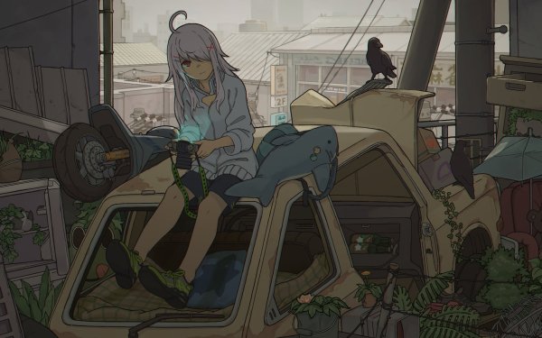 Anime Girl Post Apocalyptic Red Eyes White Hair Camera Crow Sneakers HD Wallpaper | Background Image