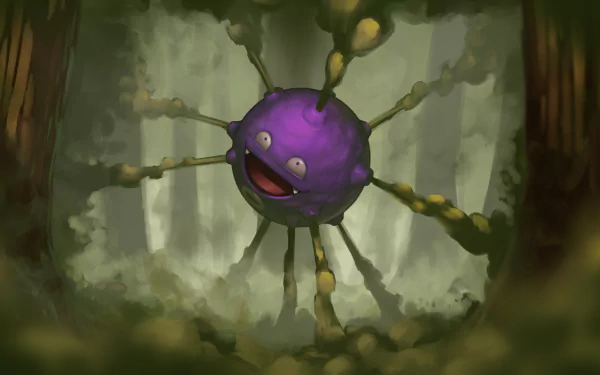 HD desktop wallpaper featuring Koffing from the Pokémon anime series. Koffing is depicted in a misty forest, emanating smoke from its body.