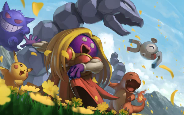 HD anime-style Pokémon desktop wallpaper featuring Pikachu, Onix, Magnemite, Jynx, Gengar, and Charizard in a vibrant outdoor scene with blue skies and yellow flowers.