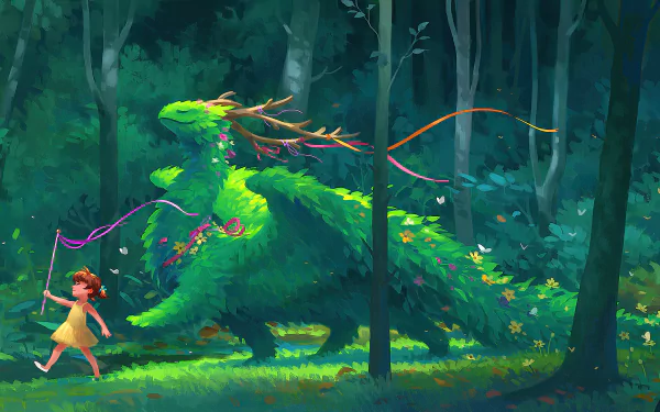 A fantasy-themed HD desktop wallpaper featuring a little girl walking in a magical forest with a green dragon adorned with flowers and ribbons.