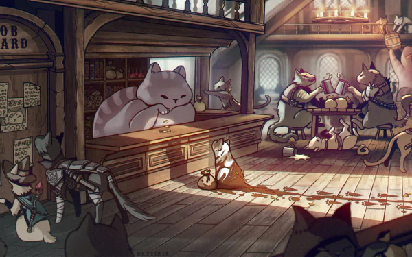 Anime-style cat characters in armor gather inside a warmly lit cafe with wooden beams and dirt floors, creating a cozy and adventurous HD desktop wallpaper scene.
