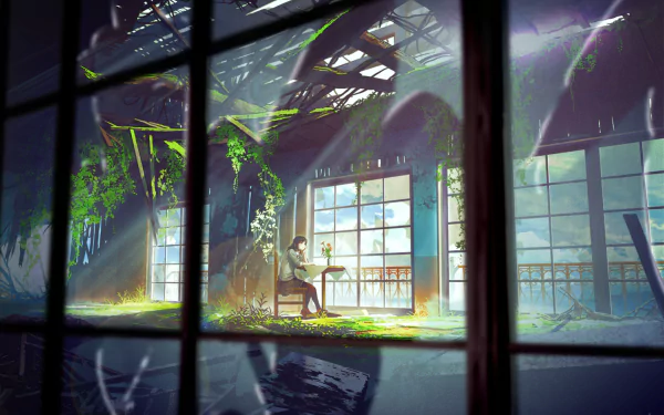 HD anime desktop wallpaper showing an abandoned room with large glass windows, greenery growing inside, and a lone figure sitting at a table bathed in soft natural light.