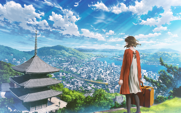 Anime Original City Building Cloud Sky Greenery Sunshine HD Wallpaper | Background Image