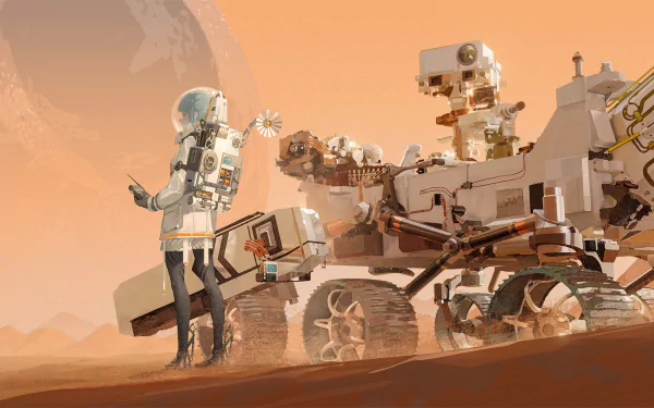 An anime-style astronaut stands beside a futuristic space vehicle on a distant planet, equipped with a backpack and radio, set against a stunning cosmic backdrop.