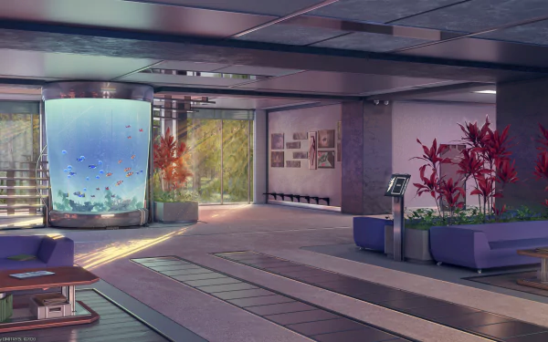 Anime-style room featuring a large cylindrical aquarium with fish, vibrant plants, sunlight streaming through windows, creating a serene and modern indoor space.