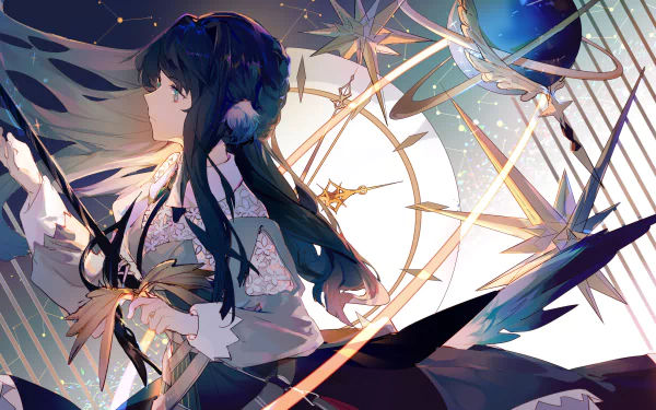 HD PC desktop wallpaper featuring Astesia from the video game Arknights, set against an intricate celestial clockwork background.